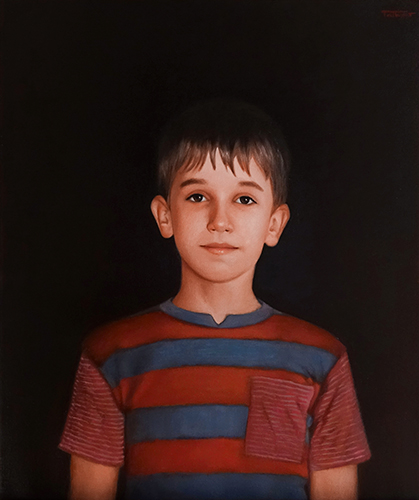 A photograph of an oil painting depicting a young boy in a red shirt against a dark background